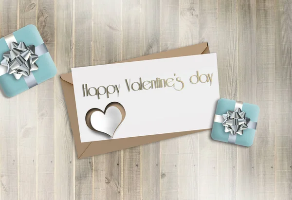 Elegante Valentinskarte Auf Holz Mit Geschenkschachteln Herz Pastellblaue Farbe Text — Stockfoto