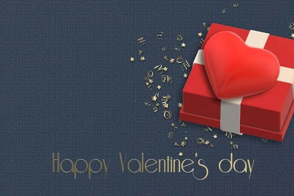 Sevgililer Günü Hediyesi Mavi Arka Planda Kırmızı Kalp Altın Mesaj — Stok fotoğraf