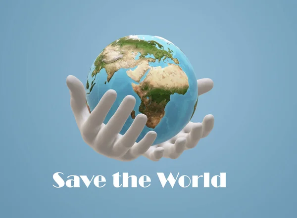 World Globe Ludzkich Rękach Błękitnym Niebie Koncepcja Ochrony Środowiska Renderowanie — Zdjęcie stockowe