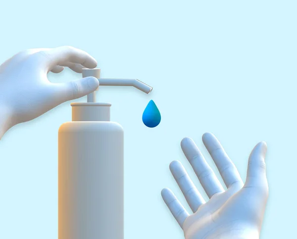 Hands using wash hand sanitizer dispenser. Human hands using Sanitizer in pump bottle, killing germs, bacteria, virus. Covid 19 protection, save lives. 3D illustration