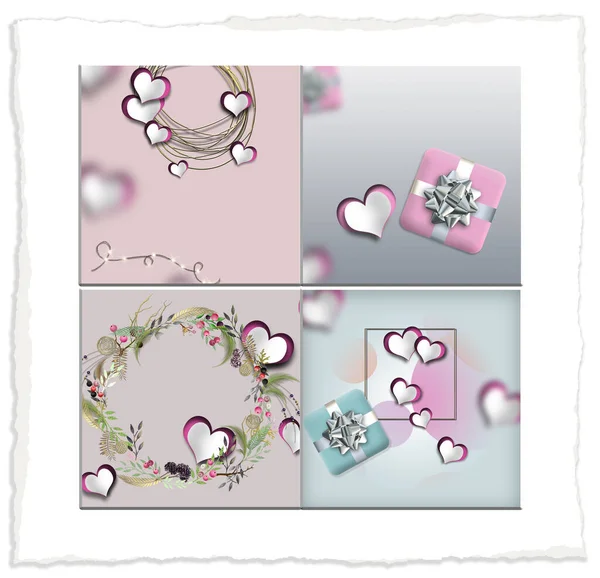 Valentines Day Collage Hearts Pastel Colours Paper Hearts Gift Box — Stock Photo, Image