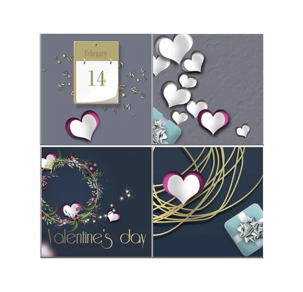 Valentines Day Collage Hearts Elegant Set Cards Hearts Gift Box — Stock Photo, Image