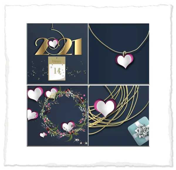 Elegantní Valentýnská Koláž2021 Číslo 2021 Kalendář Srdce Února Modrém Pozadí — Stock fotografie