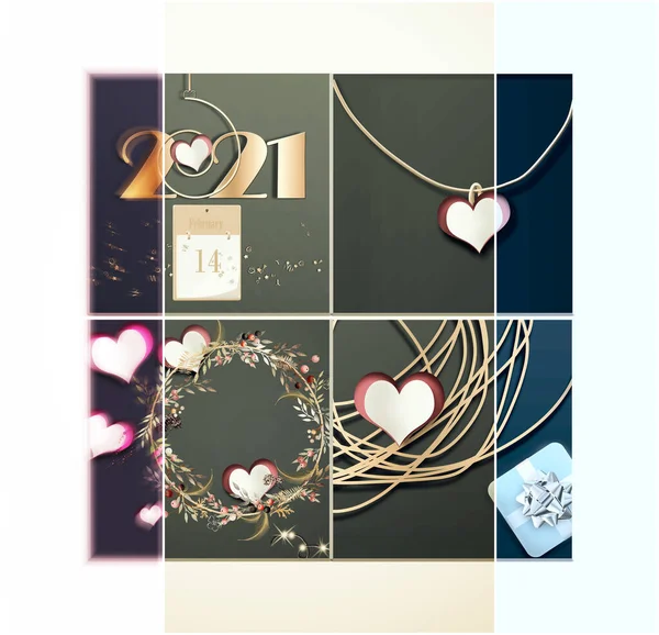 Vintage 2021 Valentines Collage Hearts Digit 2021 Gift Box Soft — ストック写真