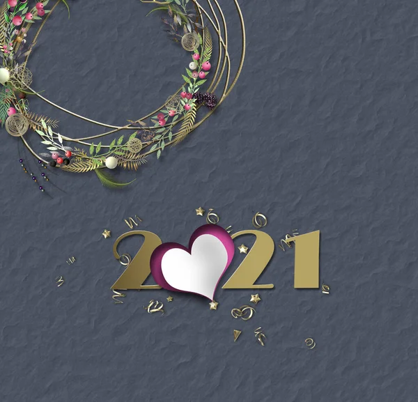 Valentines 2021 Card Heart Floral Wreath 2021 Grey Paper Background — Φωτογραφία Αρχείου