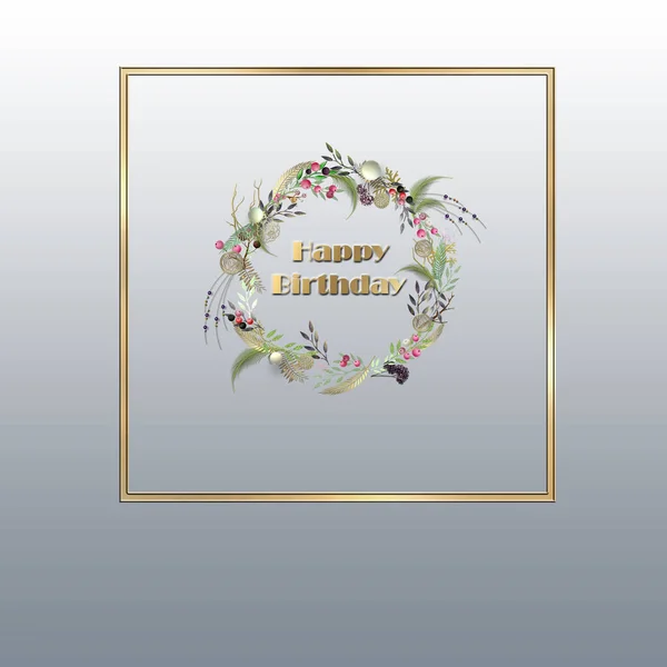 Gold Floral Wreath Birthday Wedding Invitation Valentines Card Gold Text — Stock Photo, Image