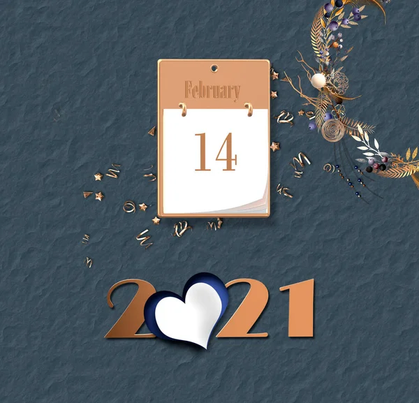 Vintage Valentines 2021 Card Calendar 14Th February Digit 2021 Floral — Foto de Stock