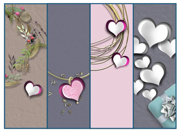 Valentines Day Collage Hearts Elegant Set Cards Hearts Valentines Template — Stockfoto