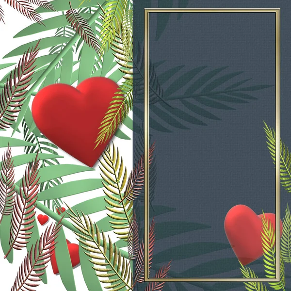 Σχεδιασμός καρτών αγάπης κόκκινες καρδιές, εξωτικά τροπικά φύλλα — Φωτογραφία Αρχείου