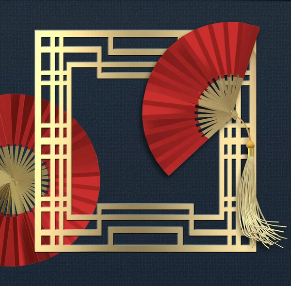 Çin yeni yılı. Kırmızı kağıt yelpaze, mavi arka planda altın çerçeve. Tebrik kartı, davetiye, poster, broşür, takvim, el ilanı, afiş. Soyut minimalist 3D illüstrasyon