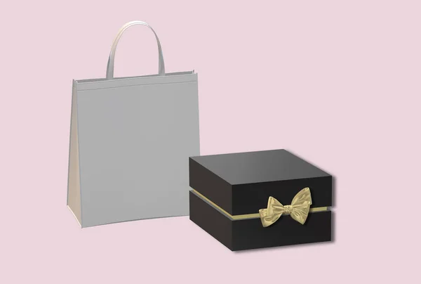 金色の弓でギフトボックス パステルピンクの背景に紙袋 ブラックボックス側のビュー テキストの場所 モックアップします バレンタイン 愛のデザイン 贈り物 誕生日 結婚式 — ストック写真