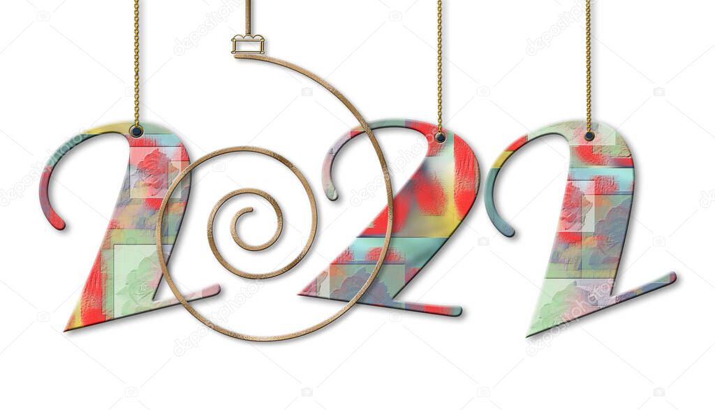 2022 Happy New Year calendar, template. Hanging digit 2022 over white. Minimalist greeting card, calendar, voucher isolated on white. 3D illustration