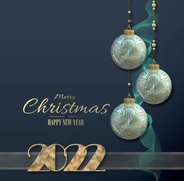 New Year 2022 Christmas Card Turquoise Blue Balls Baubles Gold — Stockfoto