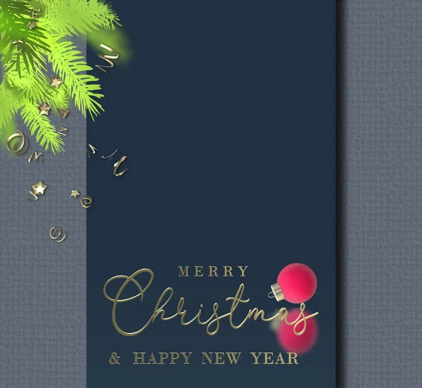 Wizytówka Świąteczna Świąteczna Bombka Gałązki Jodły Złote Konfetti Nad Niebieską — Zdjęcie stockowe