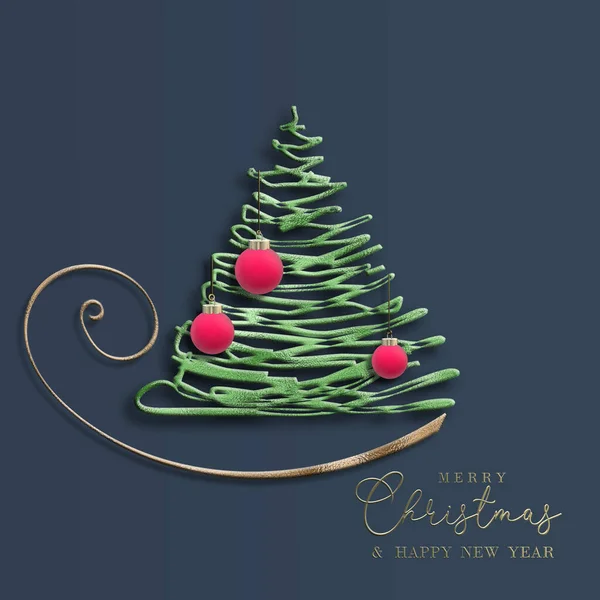 Noel 2022 Yeni Yıl kartı. Soyut Xmas ağacı, üç boyutlu kırmızı toplar, altın yazılı Mutlu Noeller mavi üzerine. 3 boyutlu Noel tebrik kartı davetiyesi. 3 Boyutlu Hazırlama