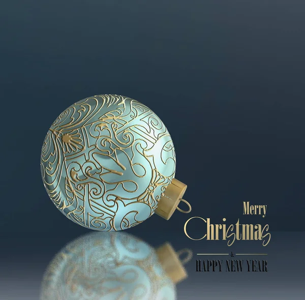 2022年圣诞新年贺卡 蓝绿色圣诞球 金色饰物 蓝色黑色背景 黄金文圣诞快乐 新年快乐 3D插图 — 图库照片