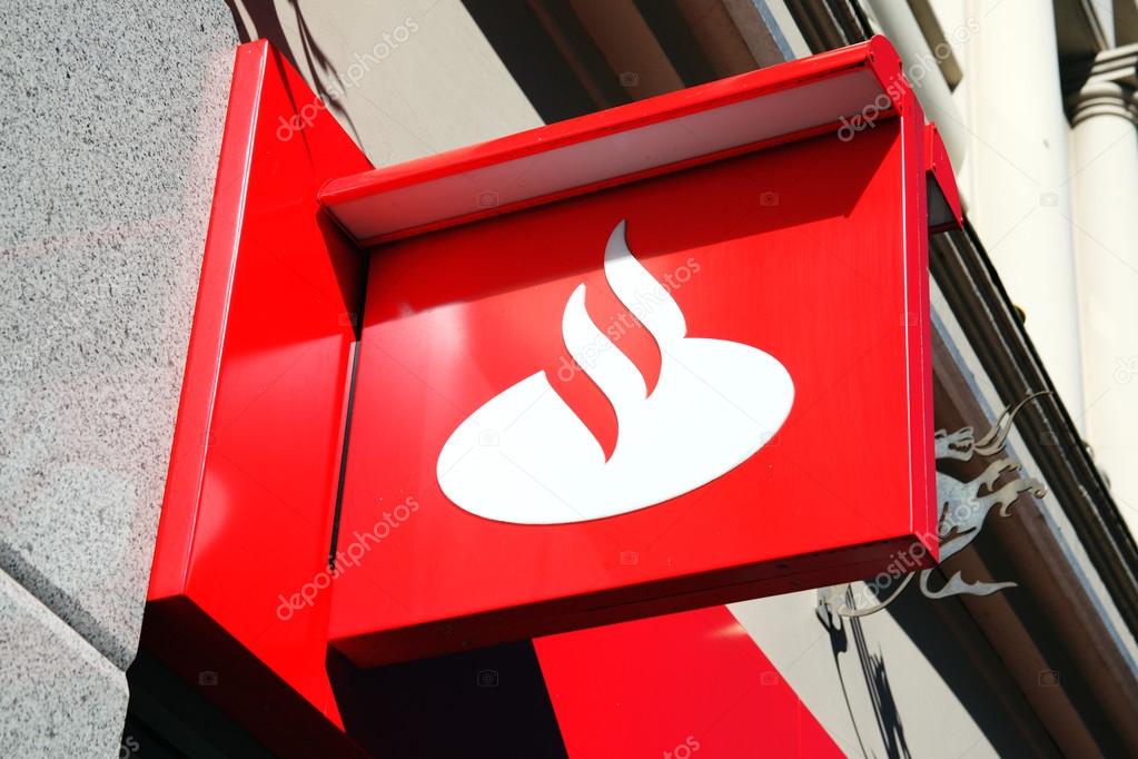Cardiff, Wales, UK, August 31, 2016: Santander bank advertising sign outside their retail branch in Queen Street