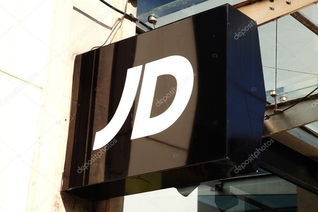 Cardiff, Wales, UK , September 14, 2016 : JD Sports logo advertising sign outside its retail store in Queen Street
