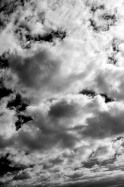 Beyaz tüylü kümülüs bulutlarının bulutlu arkaplan dokusu, siyah ve beyaz monokrom stok fotoğraf görüntüsü