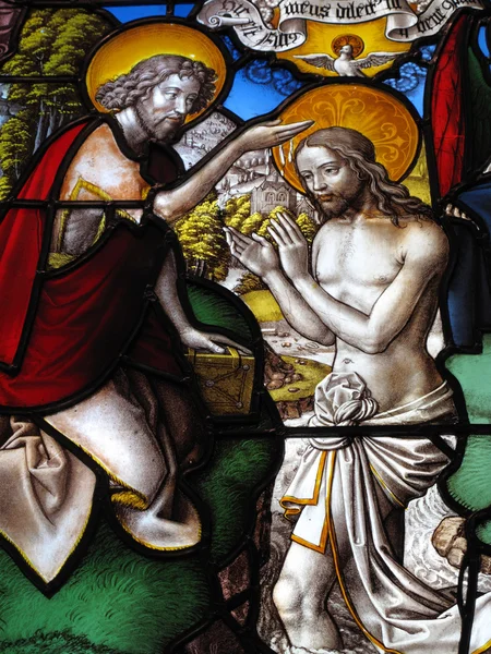 Baptism of Christ, medieval stained glass — Zdjęcie stockowe