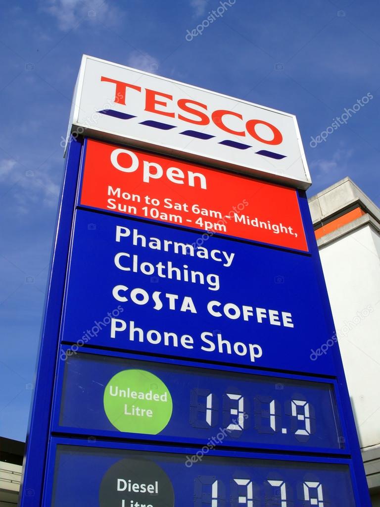 London, UK, June 14, 2011 : A Tesco petrol station sign showing its company logo and petrol price at its Perivale supermarket on the Western Avenue