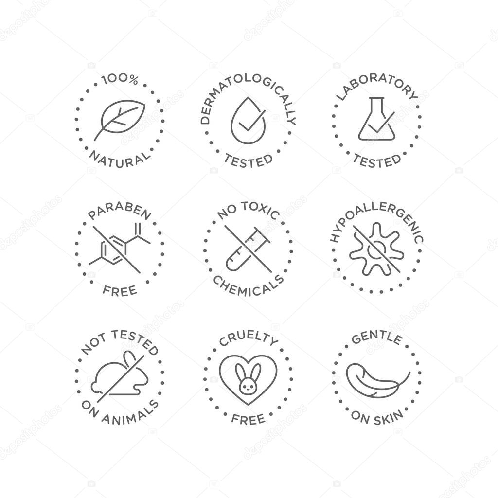 Cosmetics round isolated product vector icon set, round badge line art style illustration.