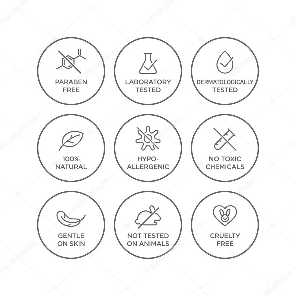 Cosmetics round isolated product vector icon set, round badge line art style illustration.