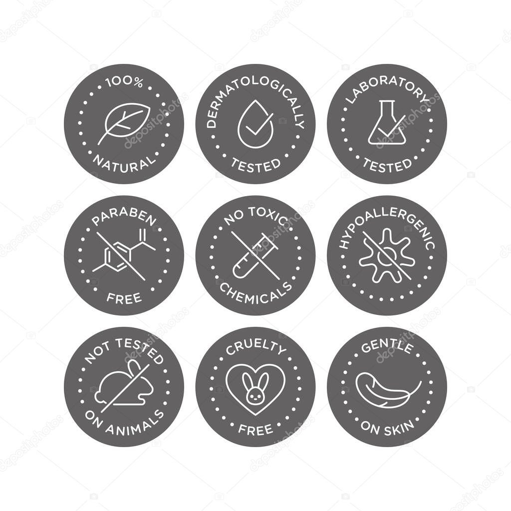 Cosmetics round isolated product vector icon set, round badge line art style illustration.