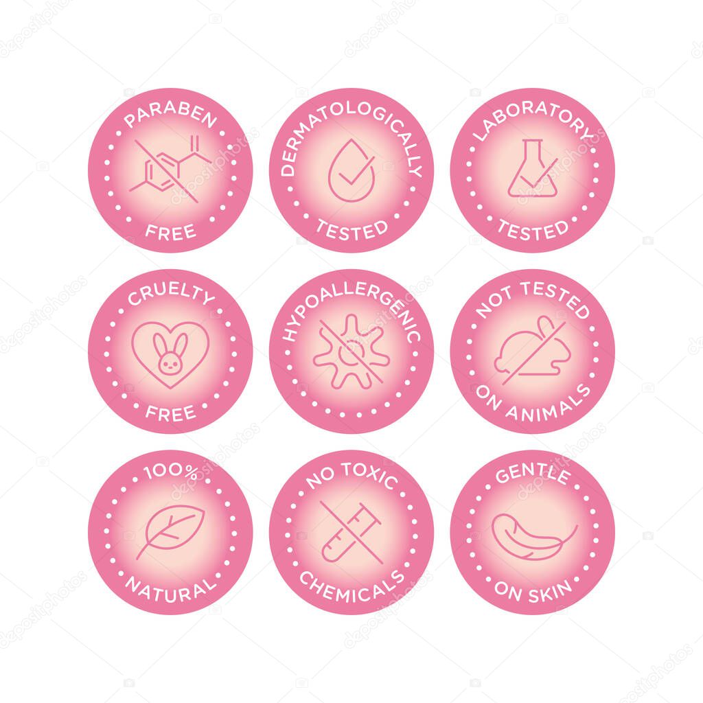 Cosmetics round isolated product vector icon set, round badge line art style illustration.