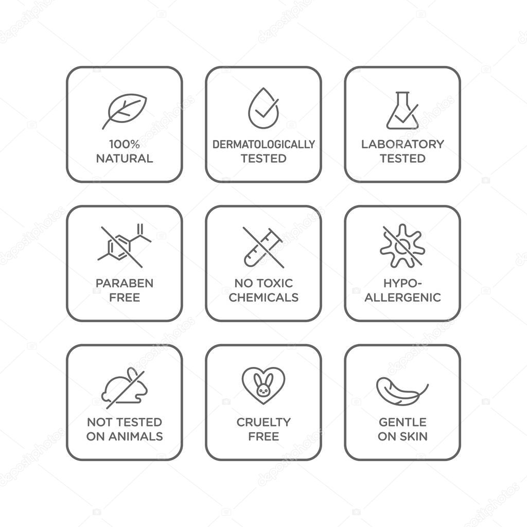 Cosmetics round isolated product vector icon set, round badge line art style illustration.