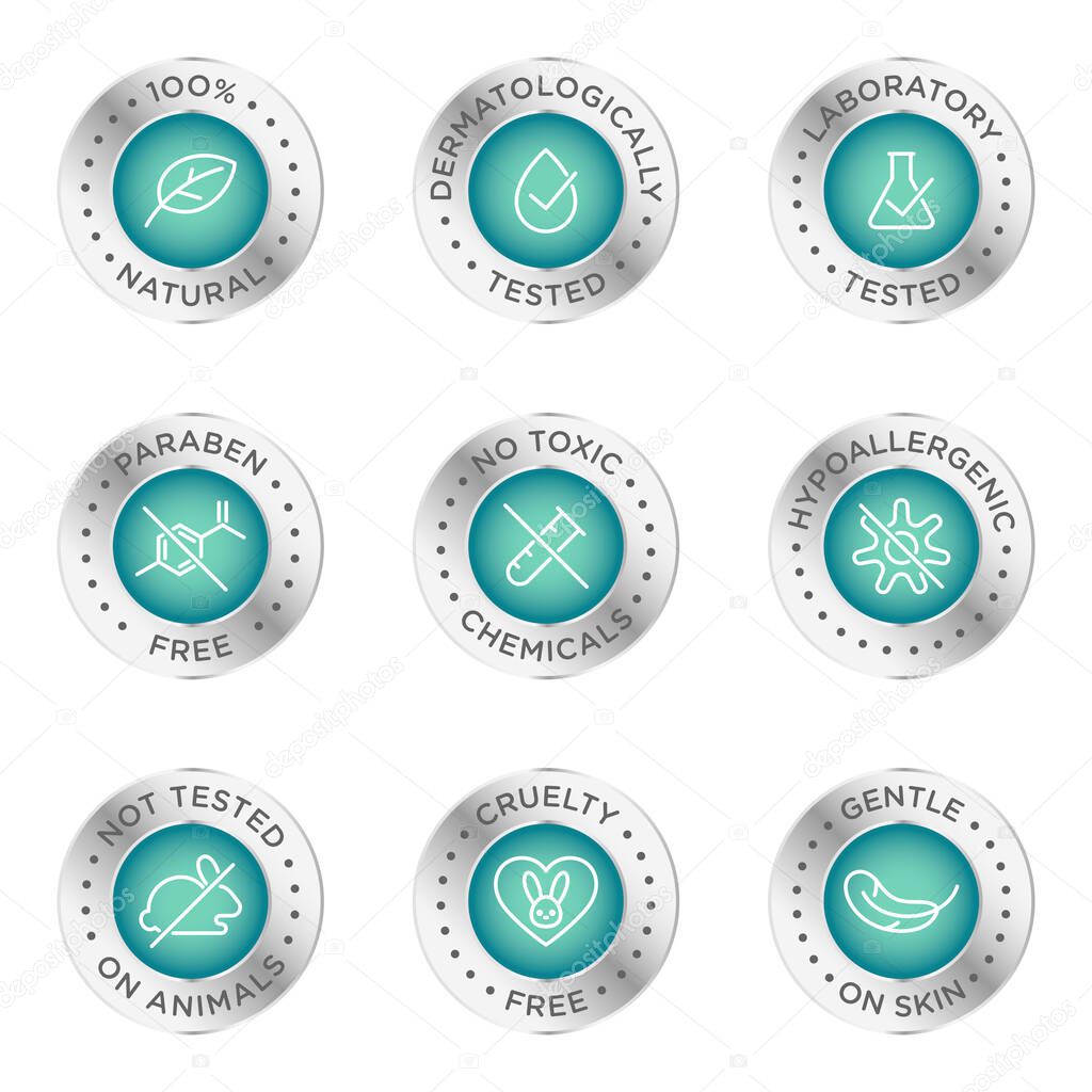 Cosmetics round isolated product vector icon set, round badge line art style illustration.