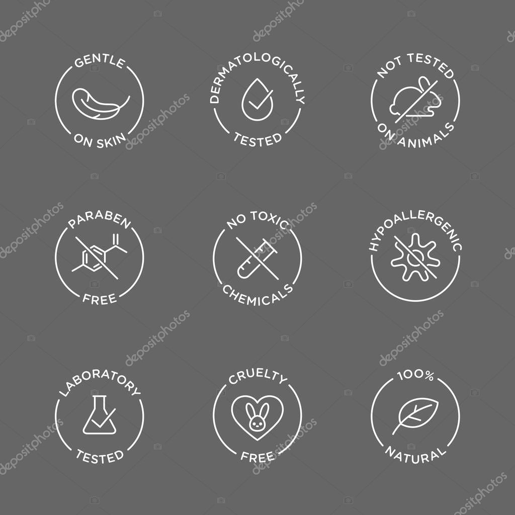 Cosmetics round isolated product vector icon set, round badge line art style illustration.