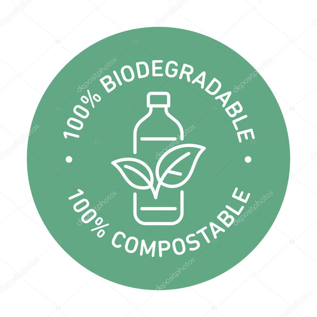 100% bioplastic, biodegradable, compostable vector line icon