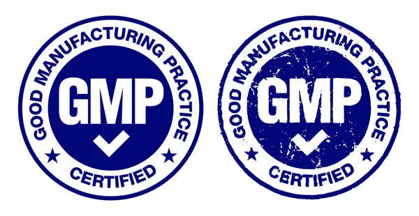 Buenas Prácticas Fabricación Gmp Sello Redondo Certificado Por Grunge Vintage — Archivo Imágenes Vectoriales