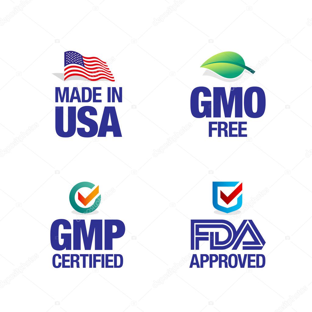 Four product badges, made in USA GMO free, Good manufacturing practice, approved