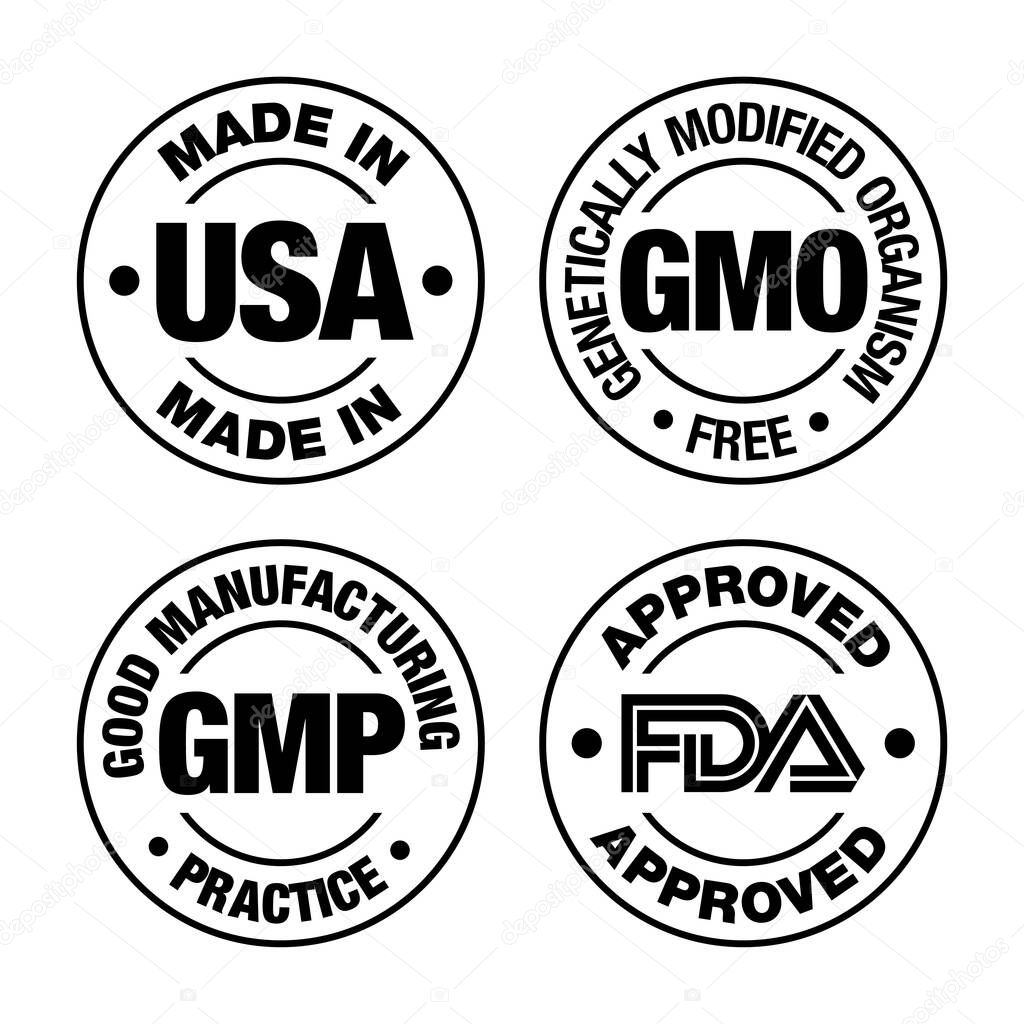 Four product badges, made in USA GMO free, Good manufacturing practice, approved