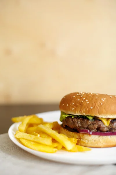 Sabrosa hamburguesa en un plato blanco Imágenes de stock libres de derechos