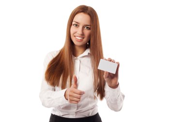 Kartvizit tutan bir güzel iş kadın portresi