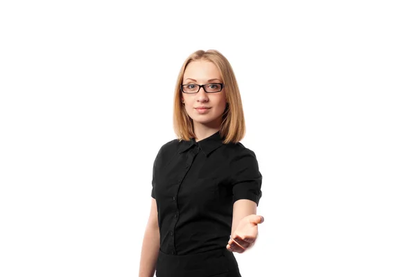 Young business woman.  Open hand.  Closeup portrait isolated — Stock Photo, Image