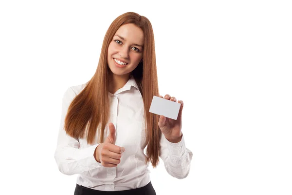 Kartvizit tutan bir güzel iş kadın portresi