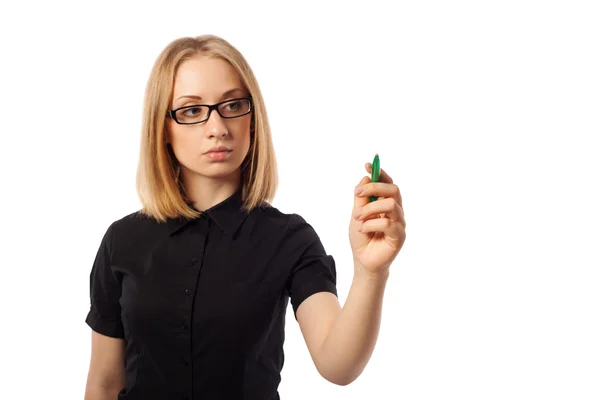 Young business lady in the black shirt with pen Royalty Free Stock Photos