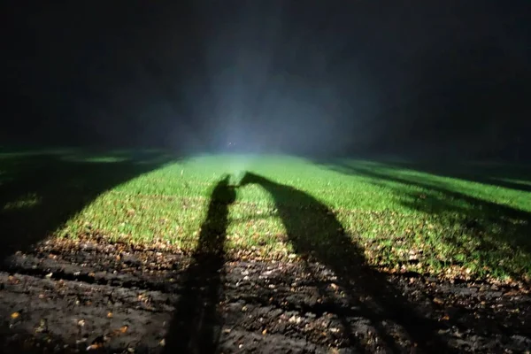 Shadows in the floodlights of man and horse — Stock Photo, Image