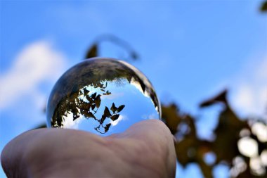 Gökyüzü ve ağaçlar, mavi gökyüzüne ve dallara karşı bir eldeki mercek topunun içinden geçer.