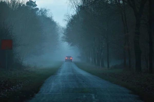 Asphalt road after the rain in the evening in the fog — Stock Photo, Image