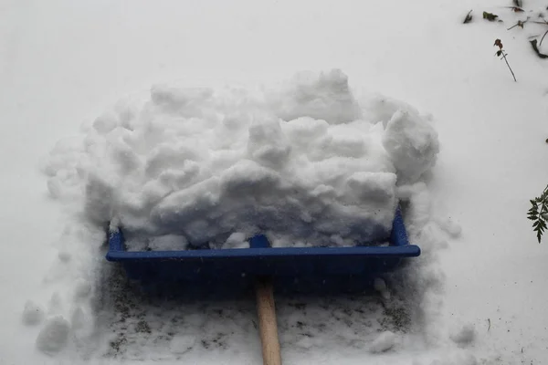 En blå snöskyffel med knuff snö — Stockfoto