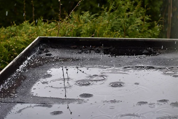Light rain on a black flat roof against a green background — Stock Photo, Image