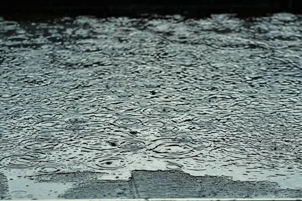 La pioggia è fa cerchi su un tetto piatto nero — Foto Stock
