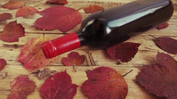 Wine Bottles Old Vintage Wooden Board Falling Corks Slow Motion — Stock Video