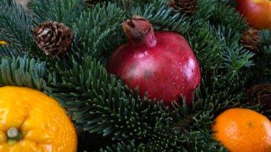 Mandalinalı, limonlu, hurmalı, portakallı ve narlı bebekler eski ahşap bir tahtanın üzerinde..
