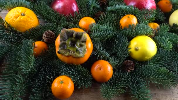 Abies Nobilis Ramo Com Mandarins Limões Cáqui Laranjas Romã Uma — Vídeo de Stock